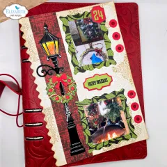 Rote Memory Binder Seite mit gestanzten Laternen, Rahmen in Creme mit welligen Rändern, Weihnachtsfotos und Happy Holidays Text