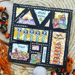 Scrapbooking-Layout mit schwarzem Hintergrund, mehrere gestempelte Halloween-Motive in farbigen Quadraten, Geister, Süßigkeiten, Kürbisse