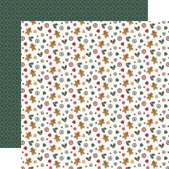 Designpapier mit kleinem Streumuster aus Lebkuchenmännchen, Bonbons und Stechpalmen auf Creme / Rückseite: dunkelgrünes Rautenmuster