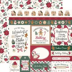 Bordürenpapier mit einer Reihe von Lebkuchenhäusern sowie Karo- und Naschwerk-Streifen / Rückseite: Weihnachtsstern-Blütenmuster auf Creme