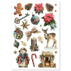 Reispapier-Bogen mit Lebkuchenmann, Schlüssel, Christbaumkugeln und Rehkitz im Design Merry & Bright