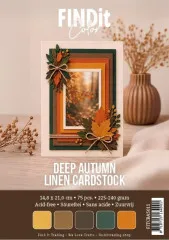 Verpackung des FIND IT TRADING Leinenkartons "Deep Autumn" in Gelb, Beige, Taupe, Petrol und Orange mit herbstlicher Beispielkarte