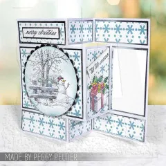 Leporello-Karte mit Winterszene im Oval, Geschenk und Schneeflockenmuster
