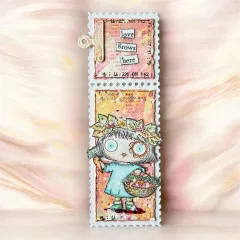Langes Briefmarken-Lesezeichen mit Mädchen mit Korb und Etiketten love grows here