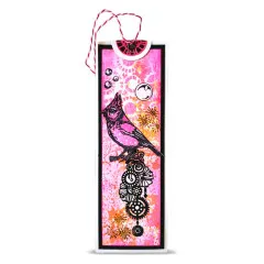 Lesezeichen in Pink mit Schablonenmuster und Vogel-Illustration