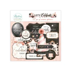 Verpackung der 48 Ephemera Let's Celebrate mit Ballon, Partyhut, Party-Pfeil und Sprüchen wie Yay, Make a Wish und It's your Day