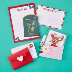 Weihnachtskarte mit Mini-Umschlag, Rehkitz-Sticker, Weihnachtsstern und Schriftzug „Good tidings“