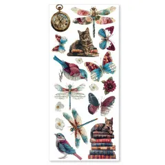 Transparenter Klebebogen mit Libellen, Schmetterlingen, Katzen, Vögeln und Büchern im Design Bohemian Burgundy
