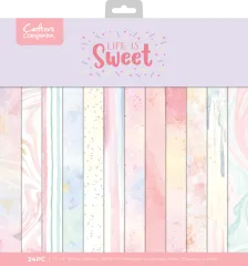 Verpackung des Life is Sweet 12x12 Paper Pads mit Vorschau der 12 pastellfarbenen Perlglanz-Designs wie Streifen, Marmor und Konfetti.