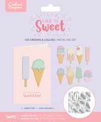 Verpackung des Life is Sweet Eis & Lolly Stanzschablonen-Sets mit fertiger Karte, die ein Eis am Stiel und eine Eiskugel-Tüte zeigt.