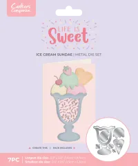 Verpackung des Life is Sweet Eisbecher-Stanzschablonen-Sets mit fertiger Karte, die einen dreidimensionalen Eisbecher mit Streuseln zeigt.