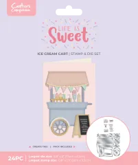 Verpackung des Life is Sweet Eiswagen-Sets mit fertiger Karte, die einen pastellfarbenen Eiswagen mit Wimpelkette und Menütafel zeigt.