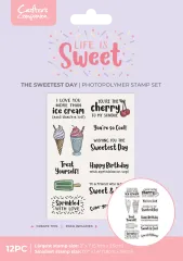 Verpackung des Life is Sweet Sweetest Day Stempelsets mit Vorschau aller 12 Stempelmotive wie Eistüte, Kirsche und Sprüche.