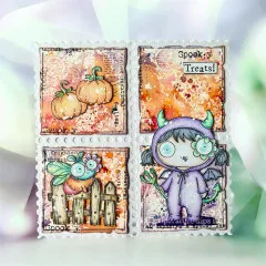 Four stamp designs on greeting card showing Lil' Boo clear stamps with pumpkins, spooky treats text and devil character with flower details