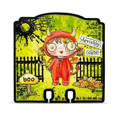 Karte mit Lil' Boo Clear Stamps Motiv auf neon-gelbem Hintergrund mit Wald und Boo-Schriftzug