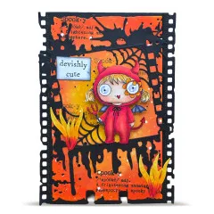 Bastelprojekt mit Lil' Boo Clear Stamps auf Horror-Themed Filmstreifen mit roten Teufel-Charakteren und spooky Elementen