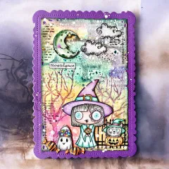 Gestanzte Etikette lila mit Mondgesicht, Hexe im violetten Hut und Halloween-Elementen, Text 'moondance'