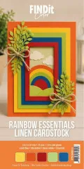 Verpackungsfoto der FIND it Linen Cardstock „Rainbow Essentials” im 4K-Format mit Beispielkarte in Regenbogenfarben