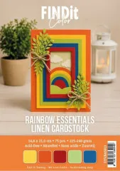 Verpackungsfoto der FIND it Linen Cardstock „Rainbow Essentials” im A5-Format mit Beispielkarte in Regenbogenfarben