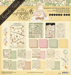 Graphic 45 Little One Keepsake Kit Boxdeckel mit Baby-Mobile, floralen Mustern und Produktübersicht