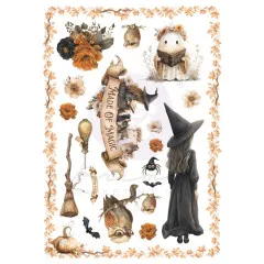 A4-Transferbogen mit lesendem Geist, Hexe mit Katze, Herbstblumen und Kürbis-Motiven.