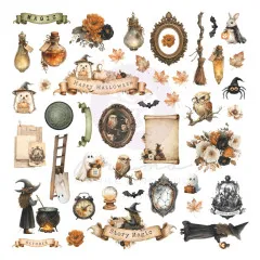 Bogen mit ausgestanzten Halloween-Motiven wie Hexe, Eule, Geist und Kürbis