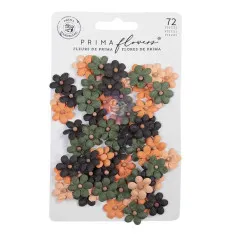Verpackungskarte mit 72 Mini-Papierblüten in Moosgrün, Kürbisorange, Pfirsich und Schwarz.