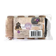 Verpackung mit vier Garnspulen in Beige, Rostorange, Moosgrün und Schwarz.