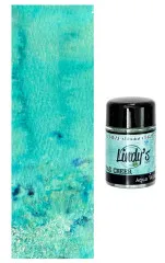 Farbmuster und Fläschchen des Shimmer-Shakers „Aqua Velva Christmas“ in Türkis