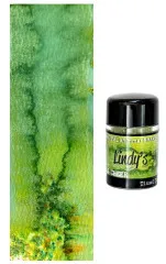 Farbmuster und Fläschchen des Shimmer-Shakers „Tinsel Town Green“ in Grün