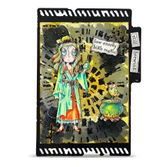 Mixed-Media-Kunstwerk mit grüner und gelber Farbgestaltung, Magier-Charakter mit Zauberstab und Kessel, gestempelt und gemalt
