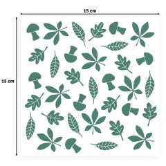 Technische Darstellung der Schablone Leaves mit Blätter- und Pilzmotiven, Maßangabe 15x15 cm