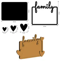 Maßzeichnung und 3D-Darstellung der Stamperia Family Hearts MDF-Rohlinge mit verschiedenen Herzgrößen und Plattendimensionen