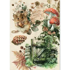 Reispapier-Bogen mit Waldmaus, Fliegenpilzen und altem Gartentor im Design The Nature Journal