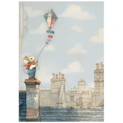 Reispapier Motiv: Maus auf Schornstein mit Drachen über Londoner Dachlandschaft