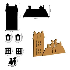 Technische Zeichnung aller 7 MDF-Elemente mit Maßangaben: Turmdach, Hausfassade, zwei Fenster, zwei Haustüren, Mäusepaar