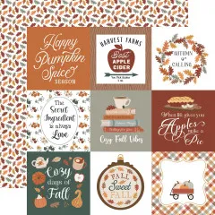 Designpapier mit mehrfarbigem Streifenmuster in Rostrot, Gelb, Grün und Taupe / Rückseite: oranges Blätter-Streumuster