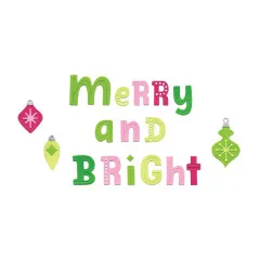 Nahaufnahme des kolorierten Schriftzugs „Merry and Bright" mit Christbaumkugeln ohne Verpackungsrand