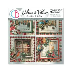 Verpackungscover des Ciao Bella Deluxe & Vellum Dual Pack 6x6 Merry & Bright mit vier Bildvignetten: Winterdorf, Eislaufplatz, Rotkehlchen-Fenster und Kerze