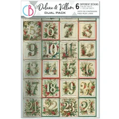 Verpackungscover des Ciao Bella Deluxe & Vellum Dual Pack A4 Merry & Bright mit Adventskalender-Zahlen 5 bis 24 in floralen Rahmen