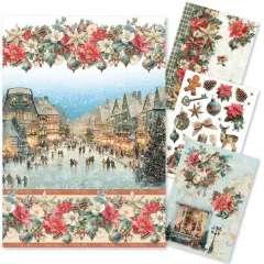 Übersicht aller 4 Reispapier-Bögen im Design „Merry & Bright“ mit weihnachtlicher Winterdorf-Szene und Poinsettien