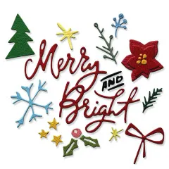 Vielseitige weihnachtliche Stanzteile wie Christbaum, Schneeflocke und Merry & Bright Schriftzug