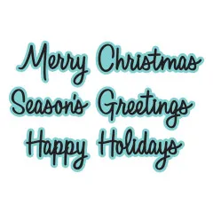 Türkisfarbene Schriftzug-Stanzen Merry Christmas, Season's Greetings und Happy Holidays mit schwarzer Schrift-Kontur.