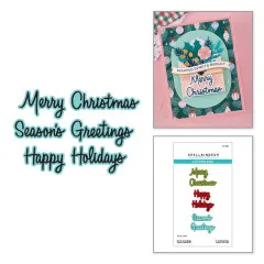 Schriftzug-Stanzen neben einer rosa Weihnachtskarte mit grünem Tannenzweig-Muster, geöffnetem Umschlag-Element und Schriftzug 'Merry Christmas'.