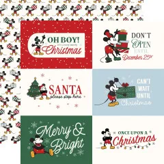 Designpapier mit Mickey-Maus in Weihnachtskostümen in farbigen Kreisen auf Creme-Hintergrund