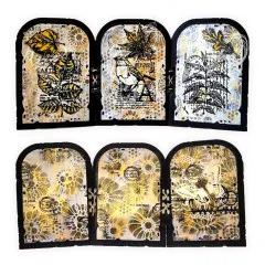 Sechs aufklappbare Bastel-Panels mit Vintage-Motiven, Blättern und zarten Schablonen-Mustern