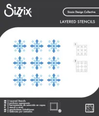 Verpackung der Sizzix Mini Layered Stencils "Fanciful Snowflakes" mit Abbildung des blauen Schneeflocken-Rastermusters und den beiden Schablonenlagen.