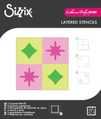 Verpackung der Sizzix Mini Layered Stencils "Retro Star" von Catherine Pooler mit pink-grünem Karo-Muster aus Stern und Raute.