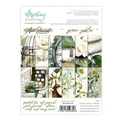 Verpackung des Mintay Green Gables Art Journal Paper Pads mit Motivvorschau aus Vogelkäfig, Schreibmaschine, Häuschen und Efeuranken in Grüntönen.