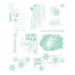 Nahaufnahme der mintgrün gestempelten Schneeflocken, Zahlen und des Schriftzugs „Peace on Earth".